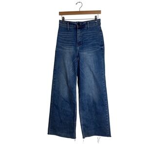 oat new york Women's Wide Leg flare Jeans Medium Wash Raw Hem Size 6/28